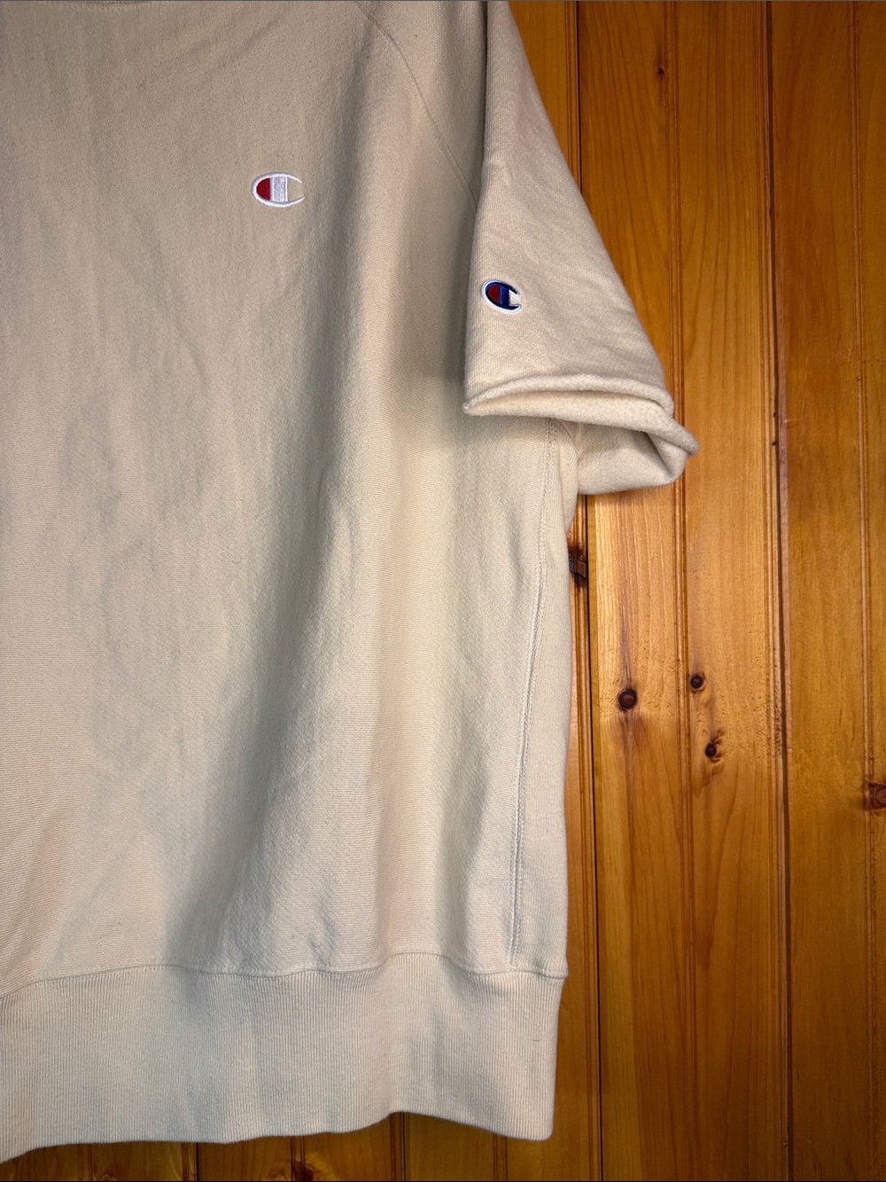 Champion Reverse Weave Cut Off Sleeves Cream Crewneck Sweatshirt - Picture 9 of 11